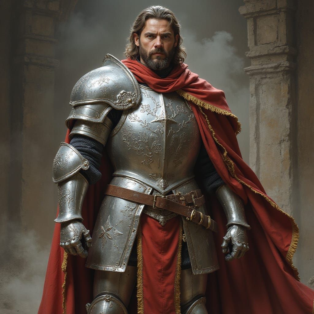 Epic Silver Paladin Portrait with Red Cloak and Golden Trim