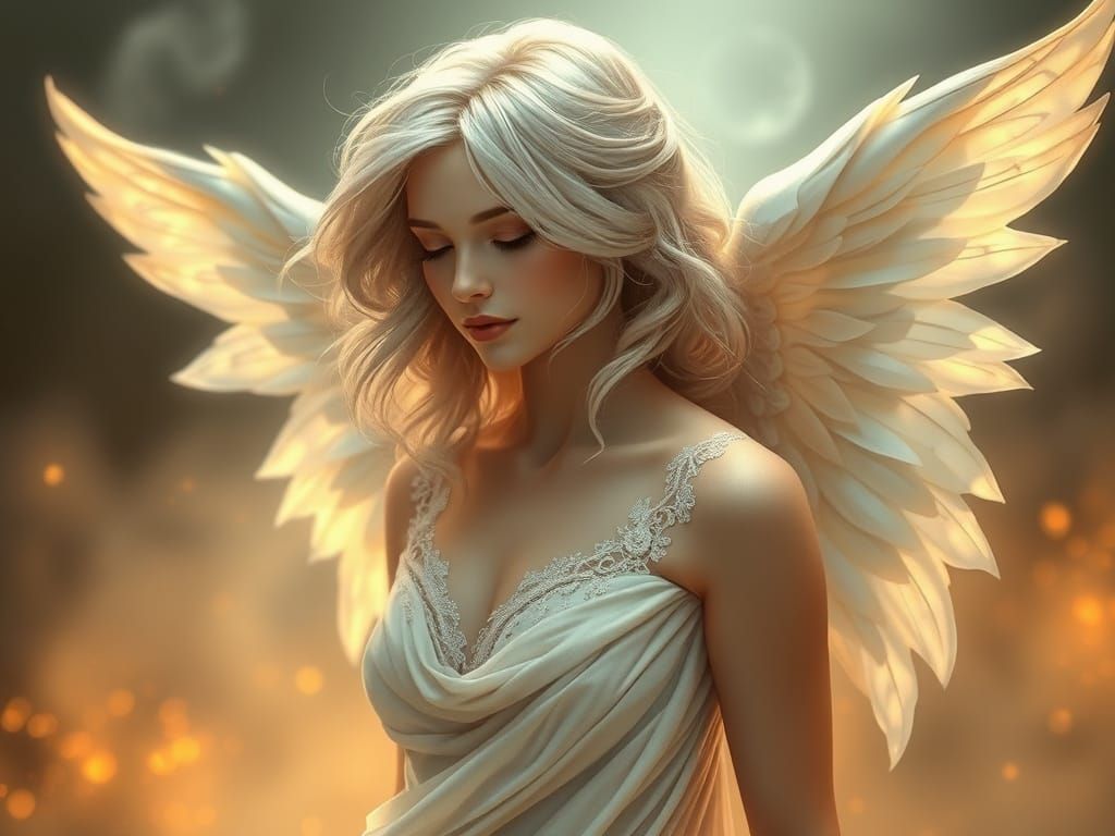 A serene figure with delicate angel wings and flowing silver hair gazes softly. She wears an elegant, draping fabric, ex...
