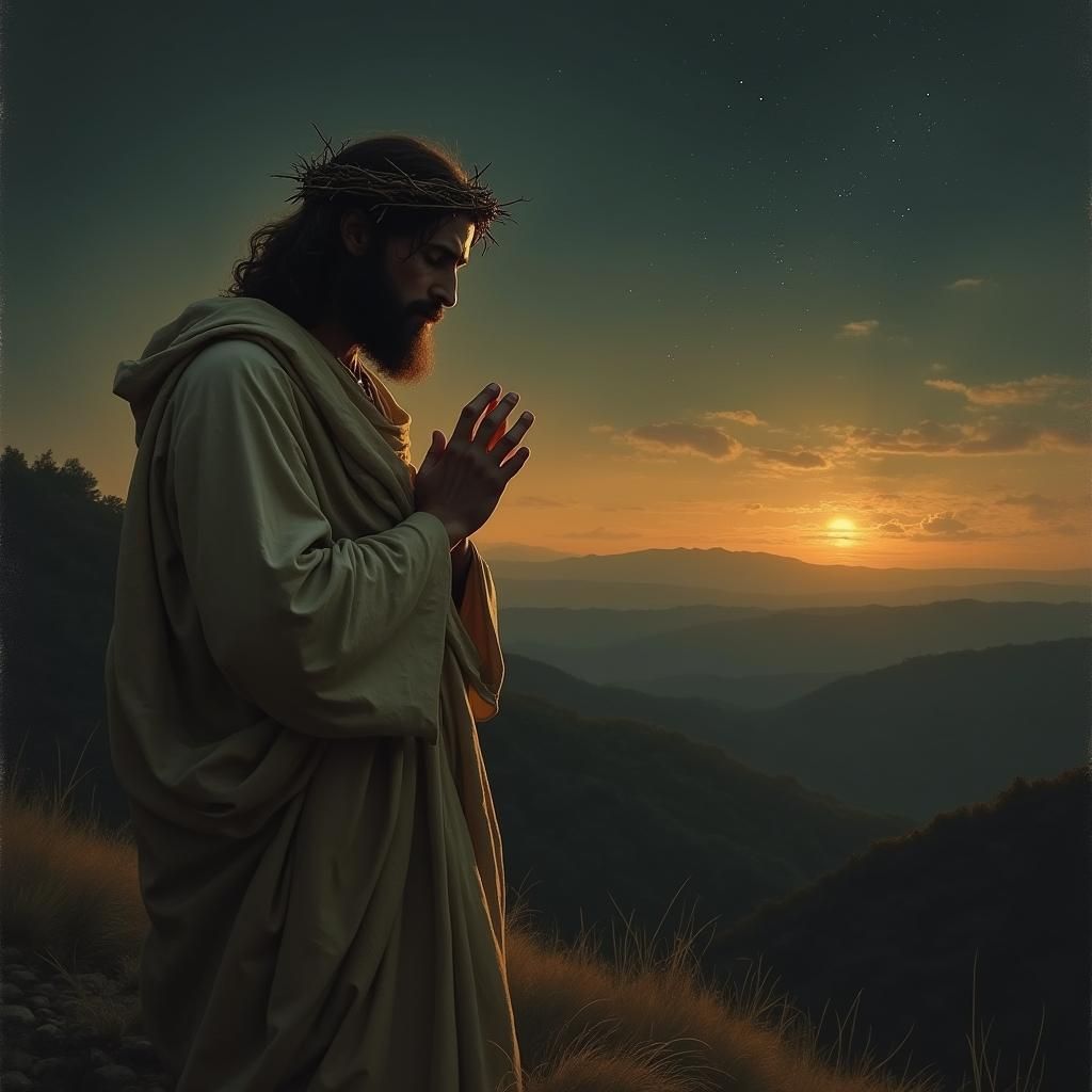 Jesus Praying at Dusk in Rembrandt Style