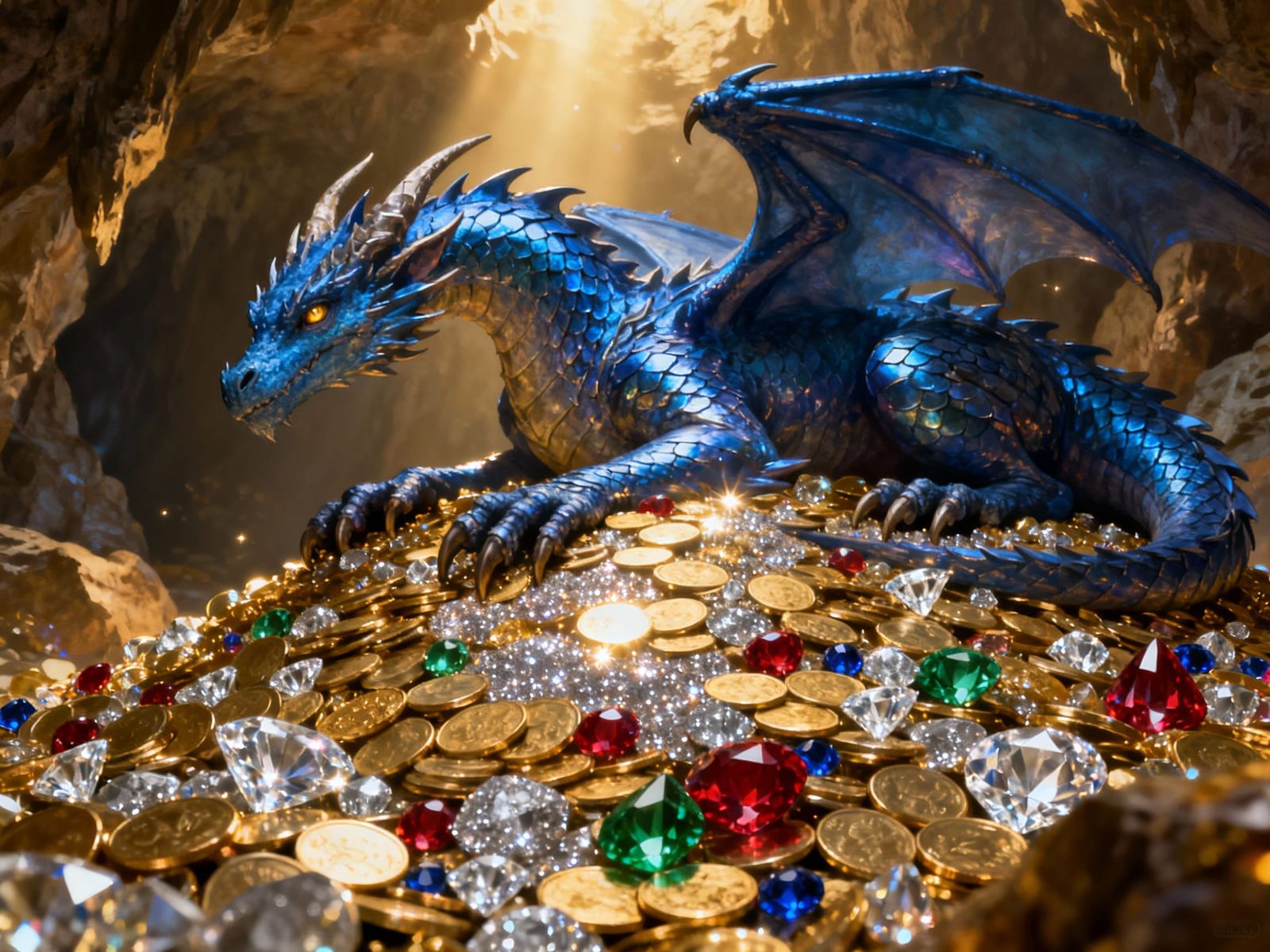 Majestic Blue Dragon Guarding Treasure Hoard