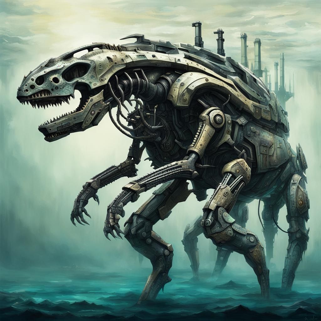 (evangelion style) corroded biomechanical cyborg elasmosaur, heavily armed, full body side profile, underwater, h.r. gig...