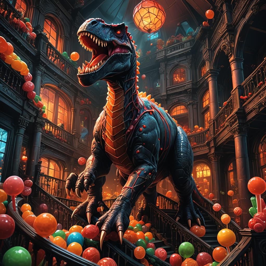 Gigantic Dinosaur in Candy Land: Dark Fantasy Illustration