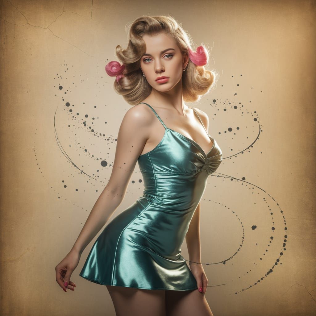 Blonde Woman in Cyan Dress, Digital Art