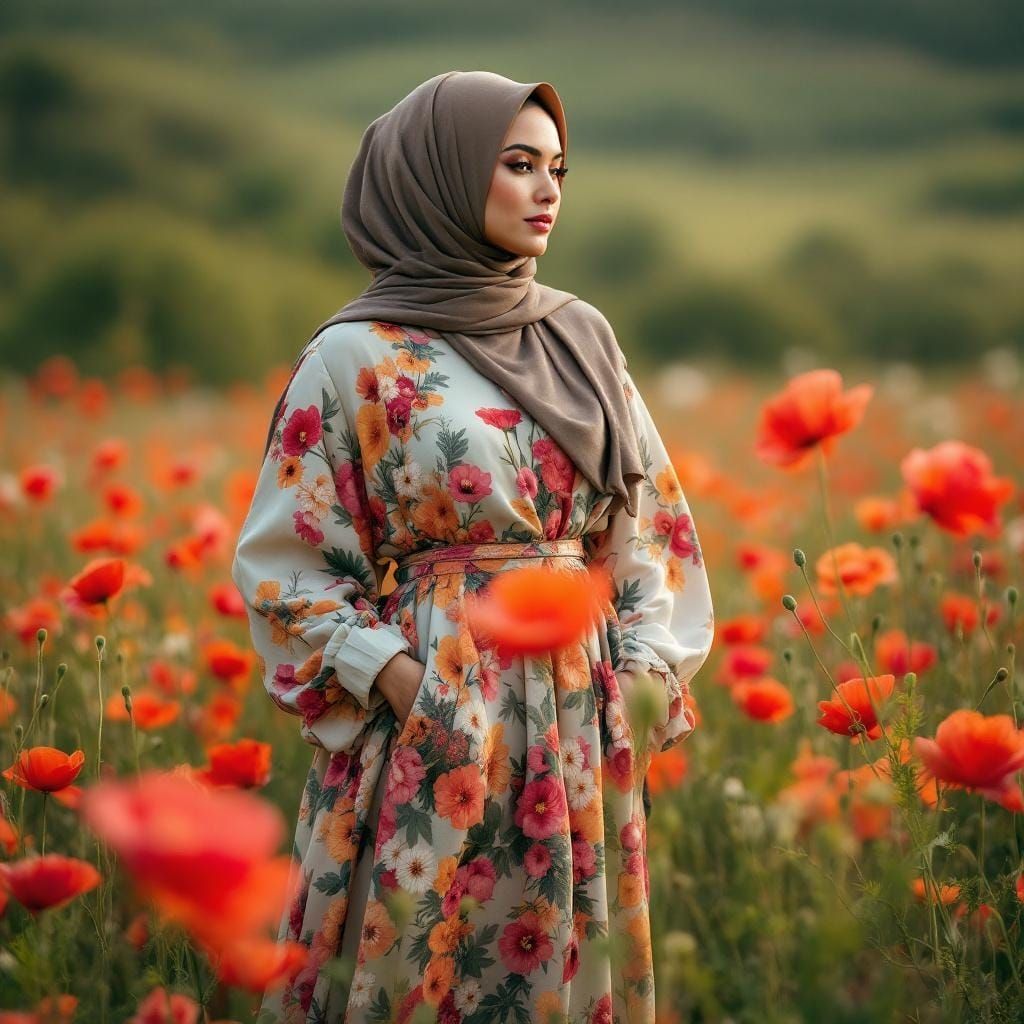 Curvy Woman in Colorful Abaya in Summer Landscape