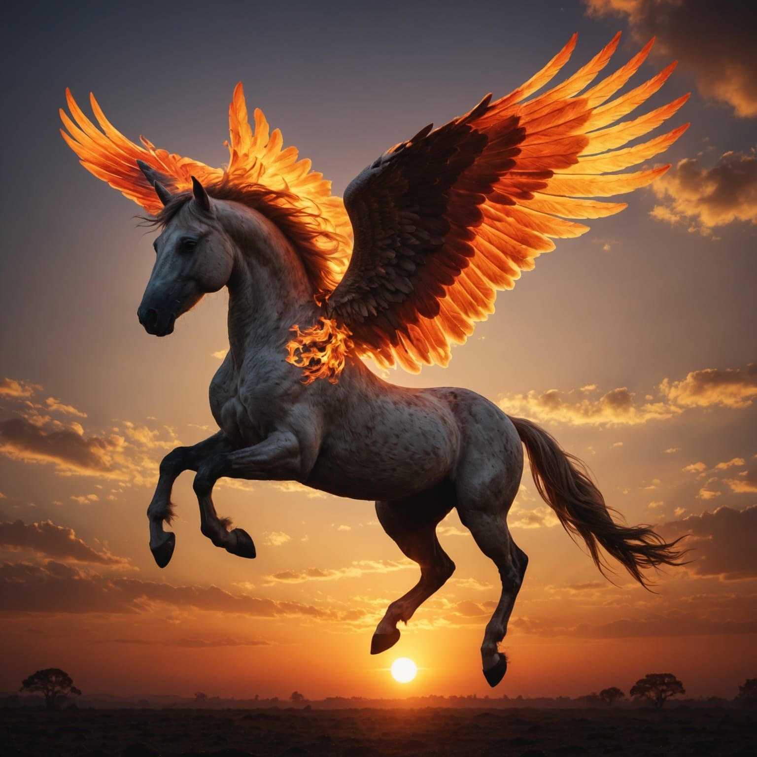 Fiery Pegasus Soaring into Sunset Sky