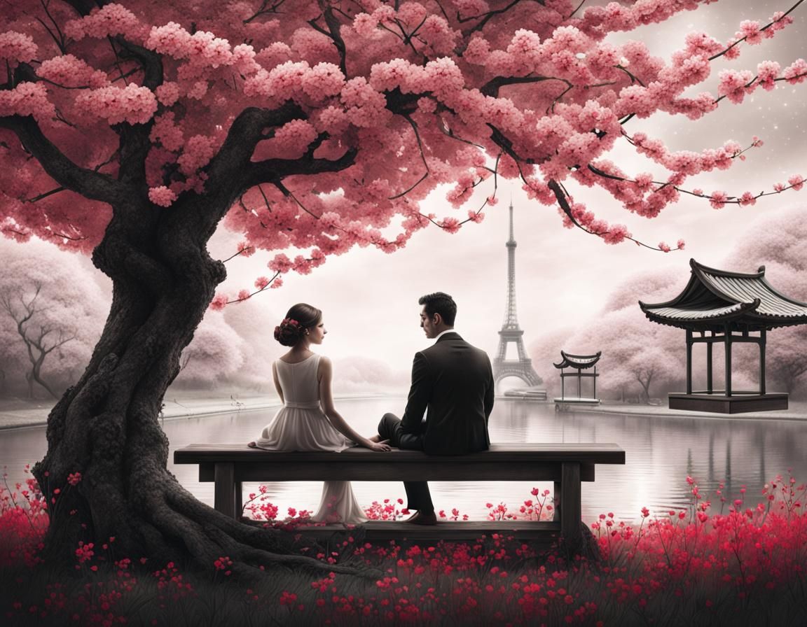 Couple Under a Neon Cherry Blossom Tree