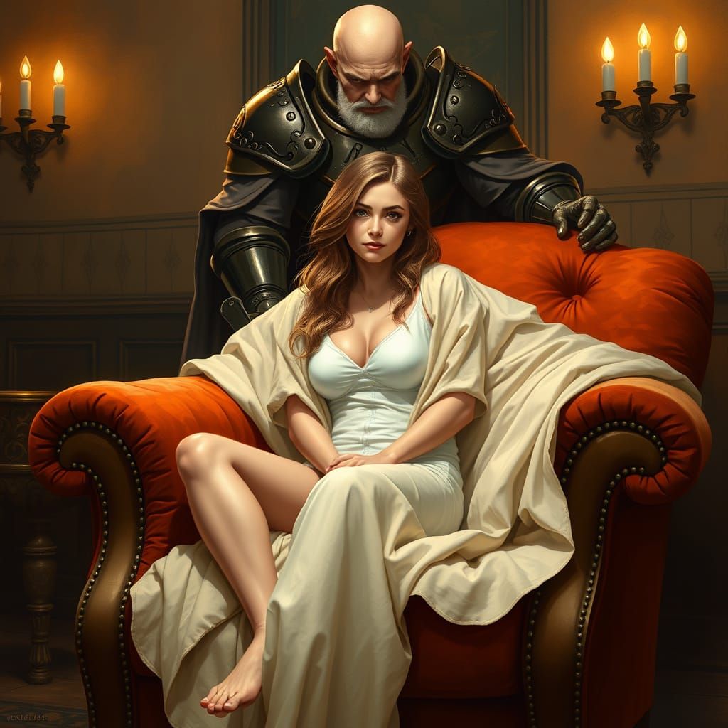 Dramatic Cleric Towers Above a Serene Emily in Velvet Luxury