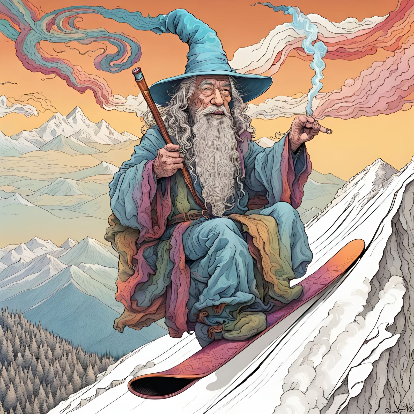 Gandalf Shreds the Slopes: Surreal Line Art Snowboarding