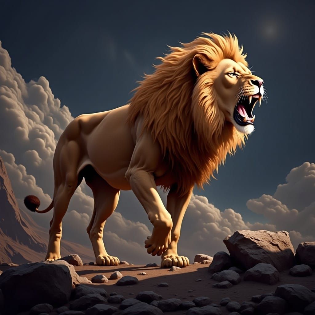 Roaring Lion on Rocky Terrain Digital Illustration