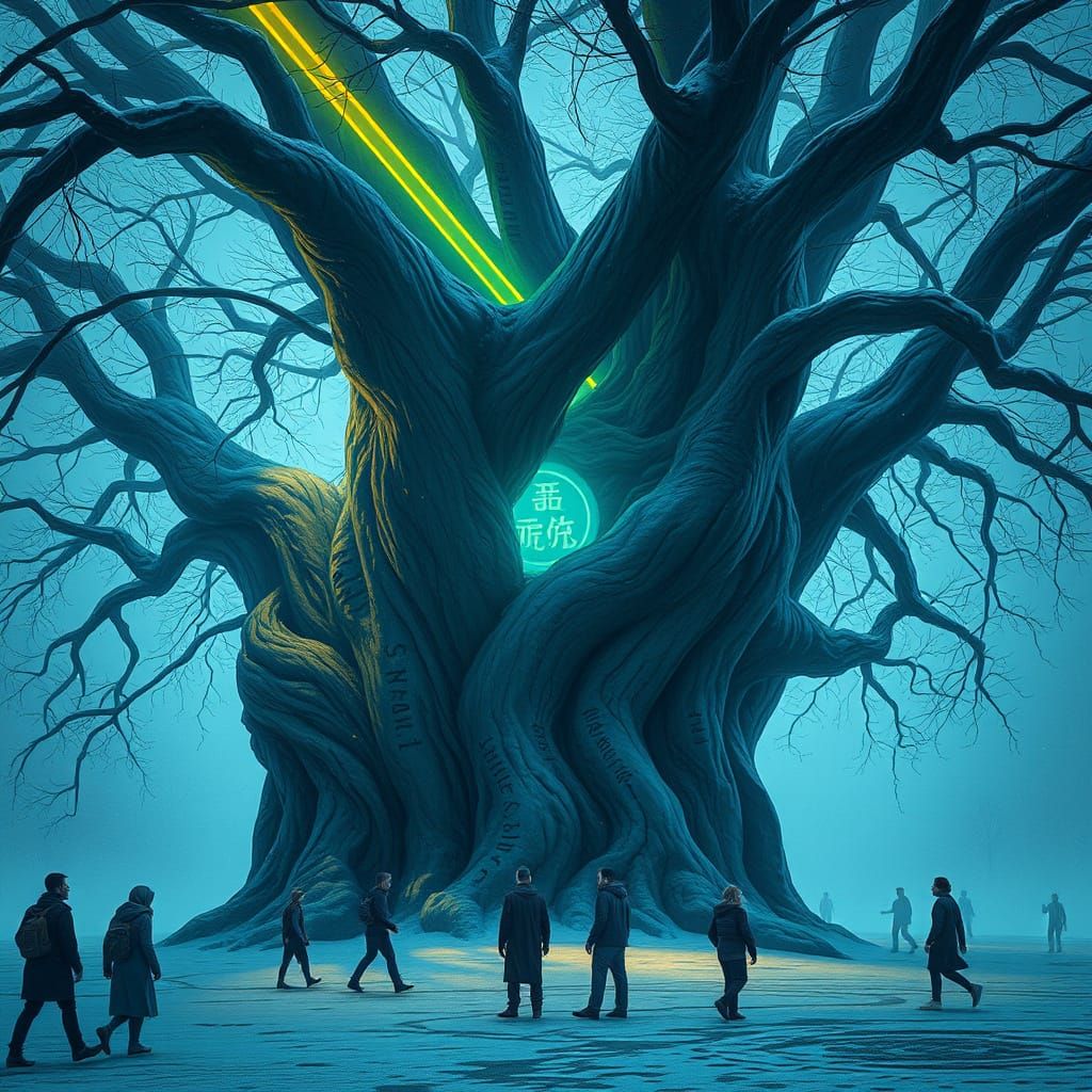 Mystical Tree with Oblique Lines, Matte Painting Style
