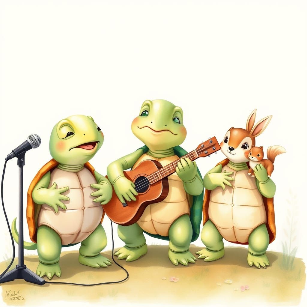 Musical Turtles in Watercolor Illustration Style