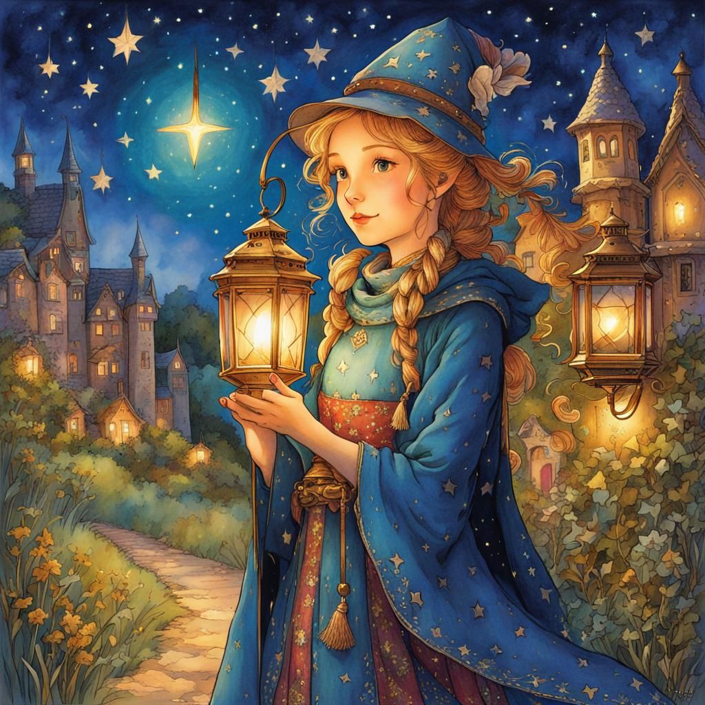 Fantasy Woman with Lantern Under Starry Sky