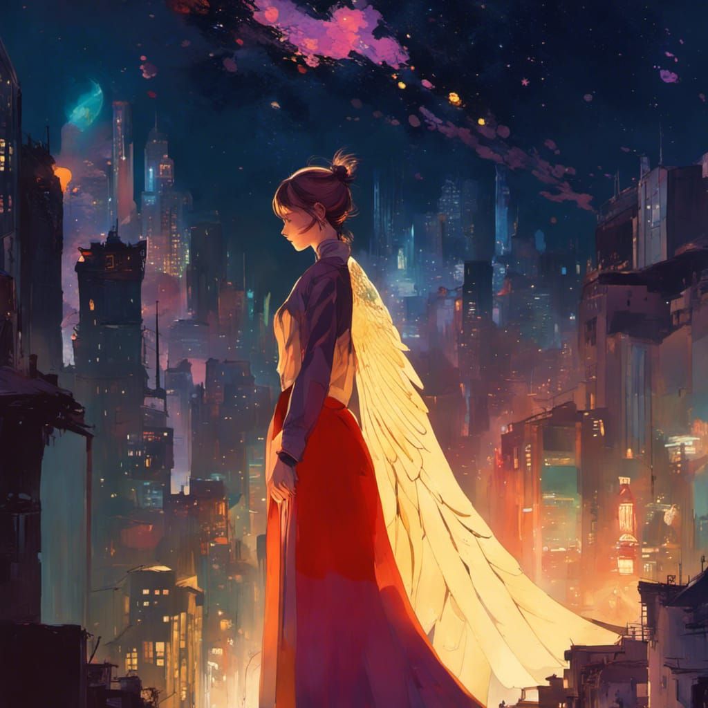 16k resolution, art by Ismail Inceoglu, Erin Hanson, and Victo Ngai. A figure with wings made of light, soaring above a ...