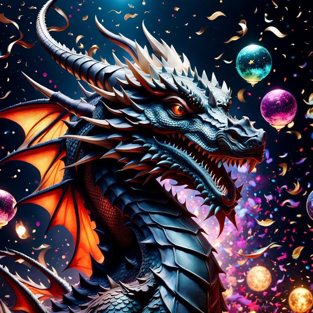 dragon surrounded by swirling confetti showers.