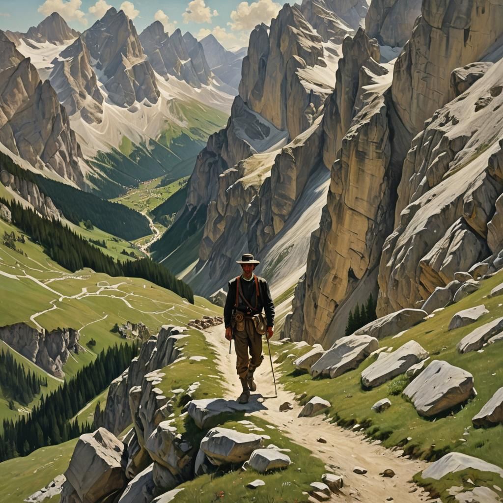 Wanderer in Dolomites, Oil Painting by James Gurney Style