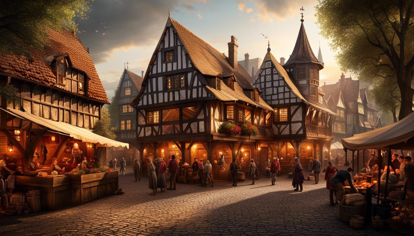 Bustling Medieval Dutch Market in Contemporary Art Style