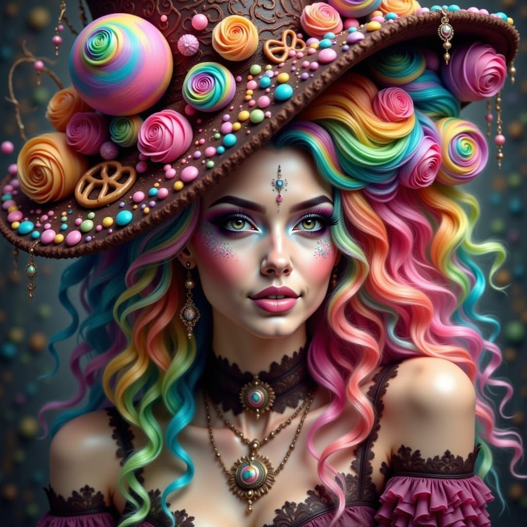 Majestic Witch with Rainbow Hair and Candy Hat