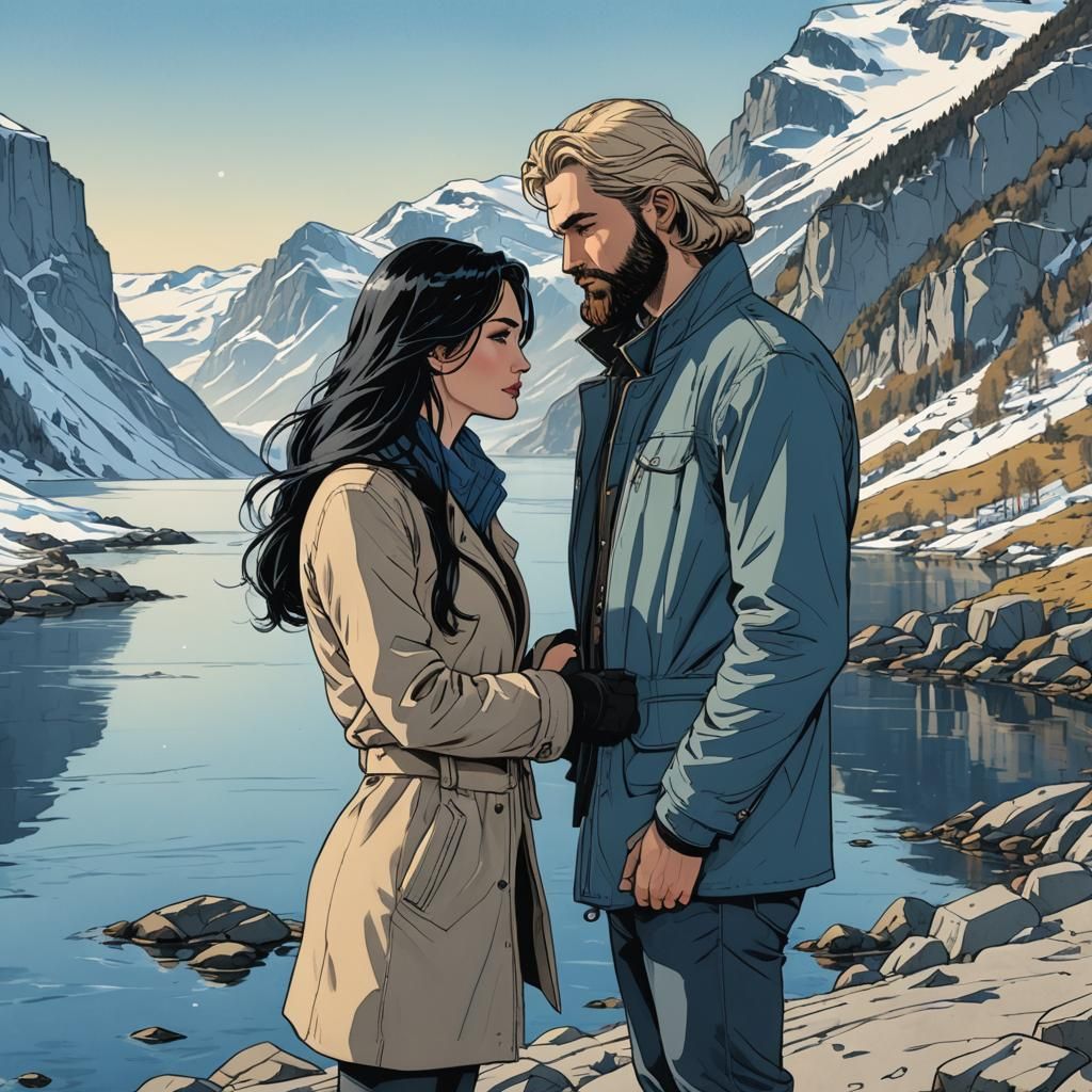 Couple Kissing on Fjord in Animated Comic Style