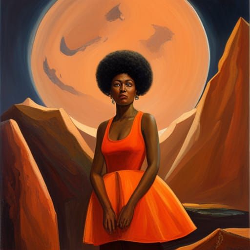 Black Woman with Afro Under Moon, Oil Painting Style