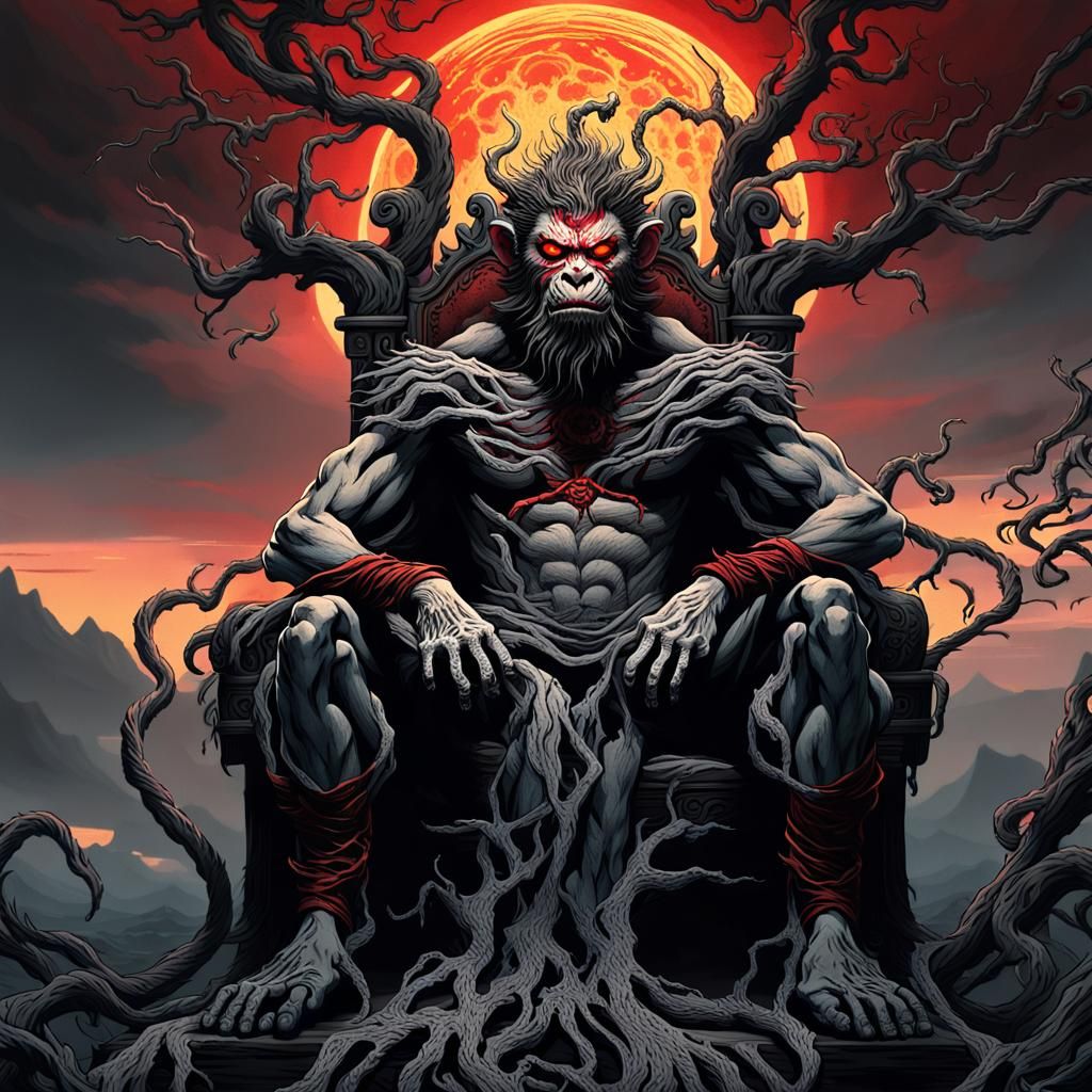 Demonic Monkey King in Apocalyptic Landscape