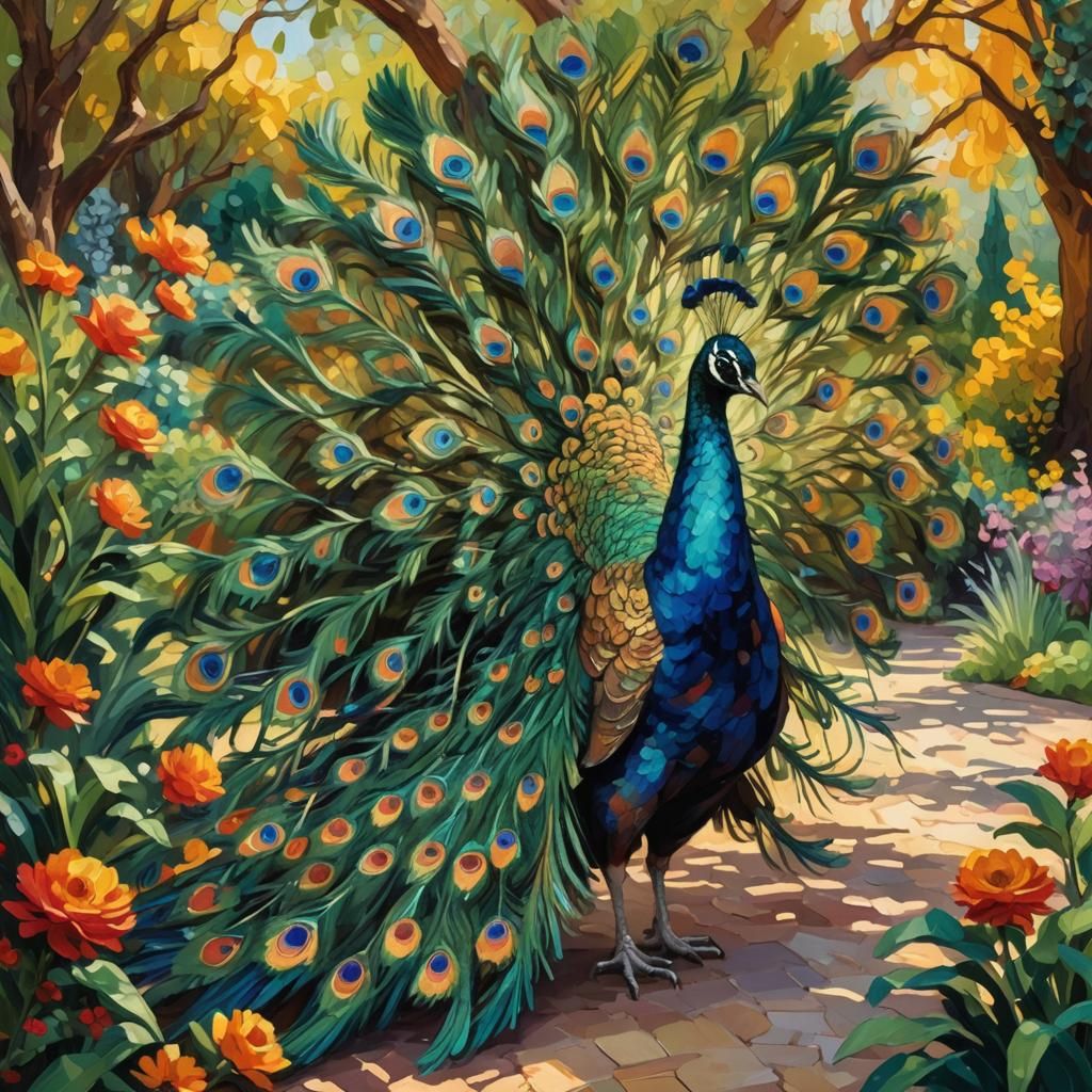 Peacock in Garden as Impasto Painting