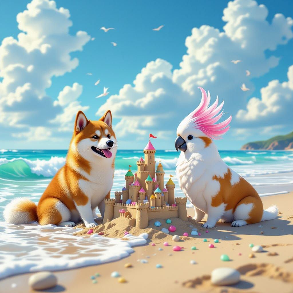 Joyful Animals Build Sandcastle City on Gemstone Beach