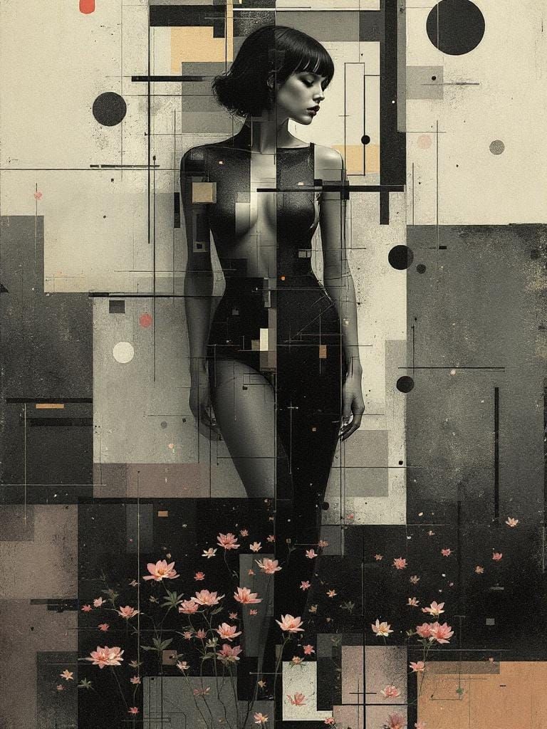 Abstract Pin-Up in Geometric Cherry Garden: Digital Impasto