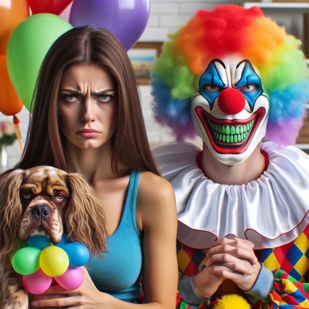 Woman with Clown in Living Room Setting