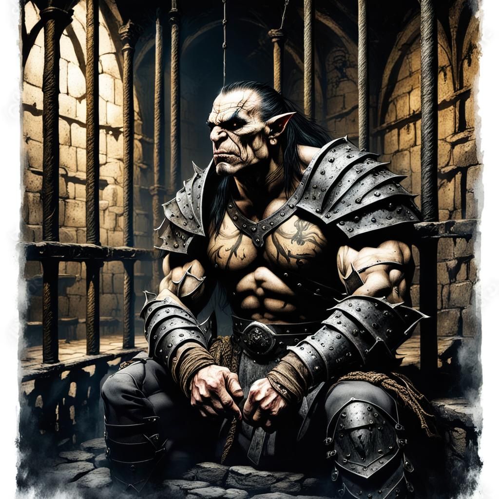Orc Warrior in Medieval Dungeon, Luis Royo Style