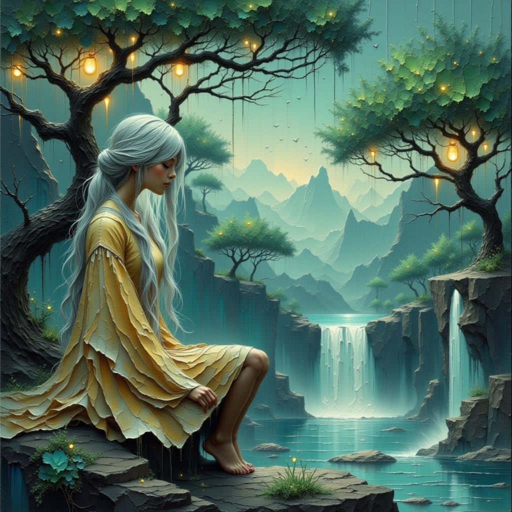 Elven Woman Overlooks Hidden Valley with Waterfall