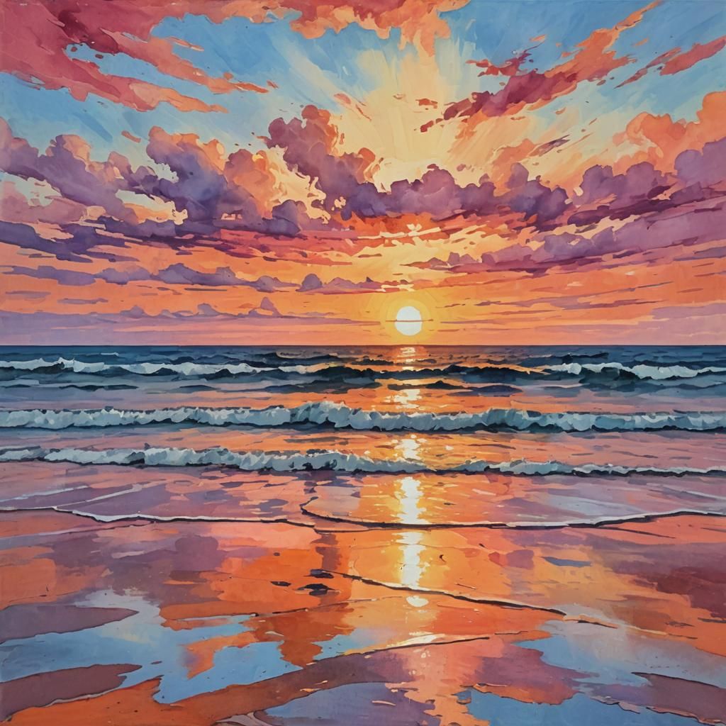 Beach Sunset in Gouache Impressionist Style