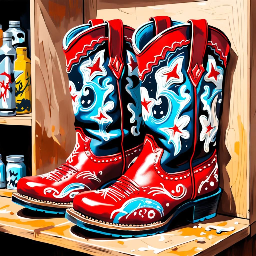 Red Leather Kid's Cowboy Boots in Graffiti Art Style