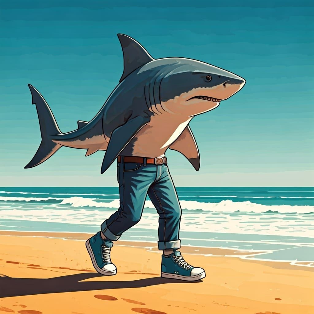 Shark Walks on Beach in Sneakers: Digital Art