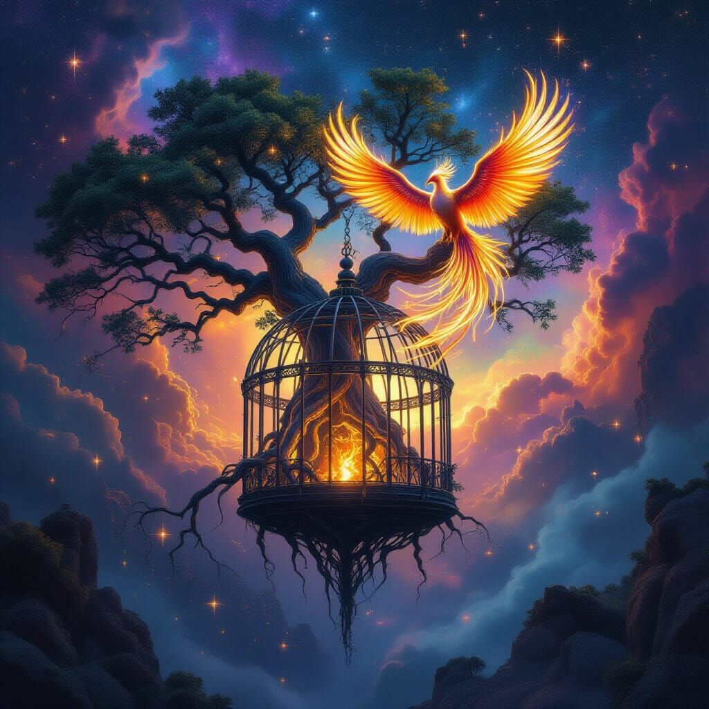Ancient Tree Birdcage Nebula with Ethereal Phoenix
