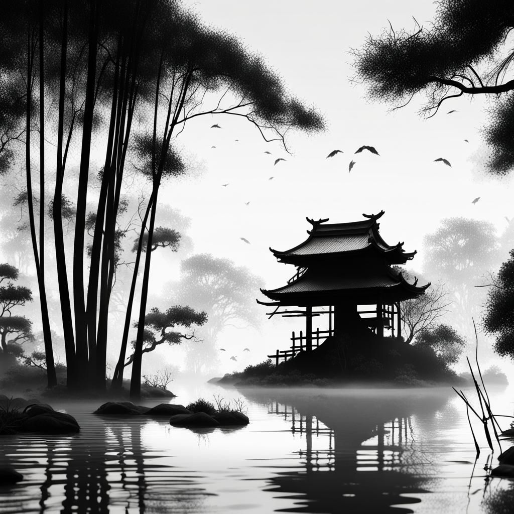 Oak Tree Silhouette in Japanese Ink Art