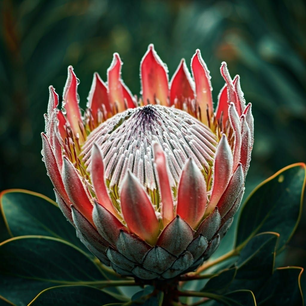 Raindrops on Majestic King Protea Blooms in Soft, Ethereal L...