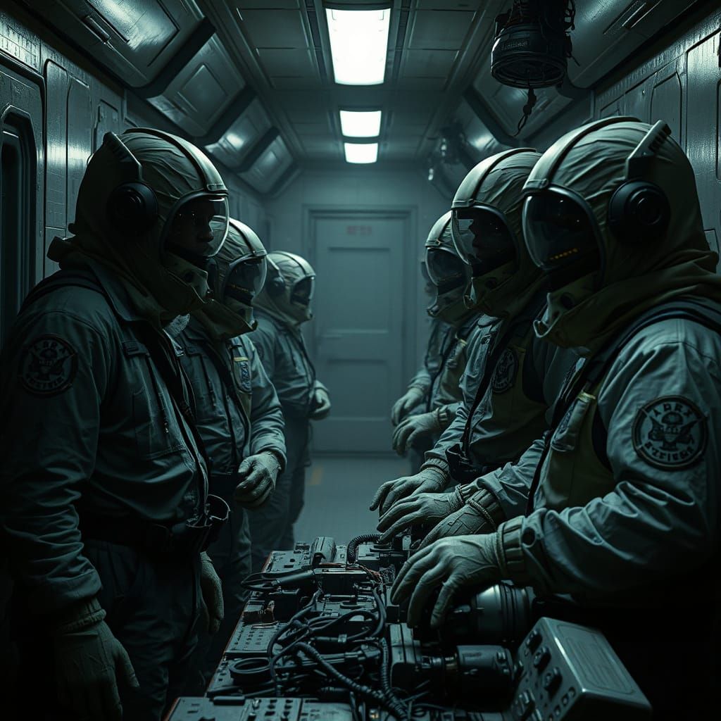 Dystopian Encounter with Maintenance Crew in Corridor