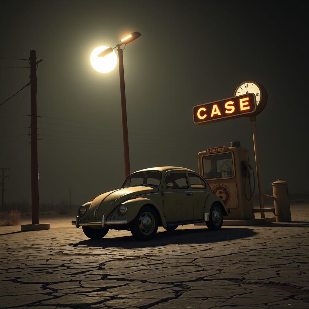 Abandoned Gas Station Under a Sci-Fi Streetlamp