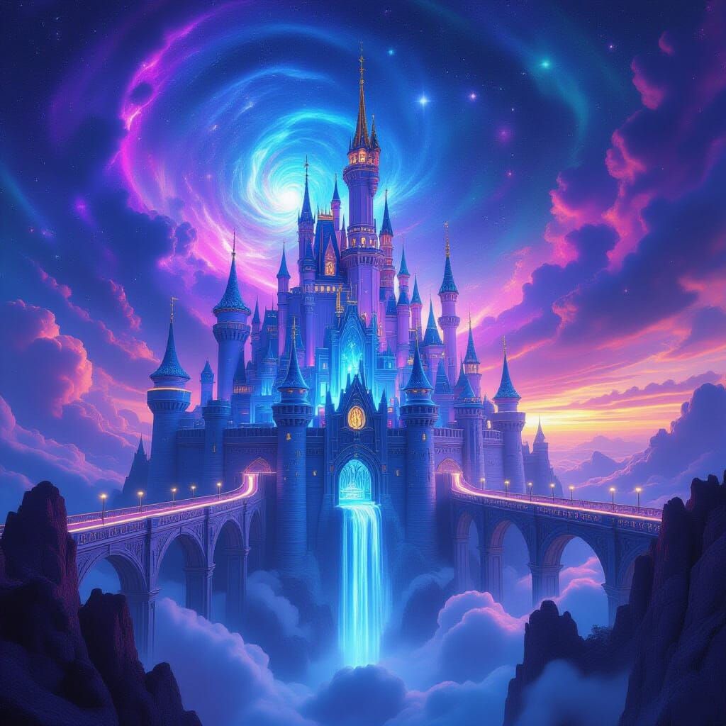 Celestial Citadel: Floating Castle Amidst Galaxies