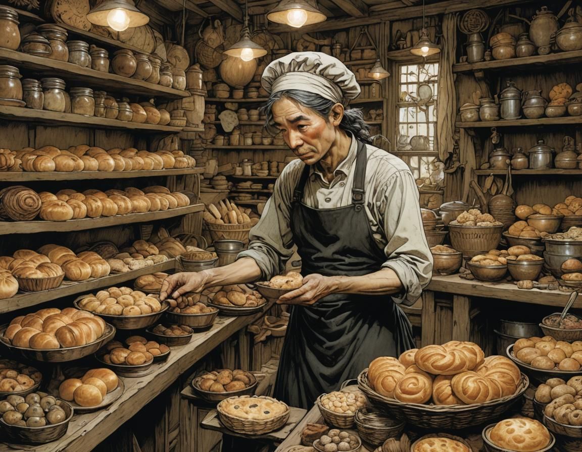Intricate Bakery Scene in Golden Age Illustration Style