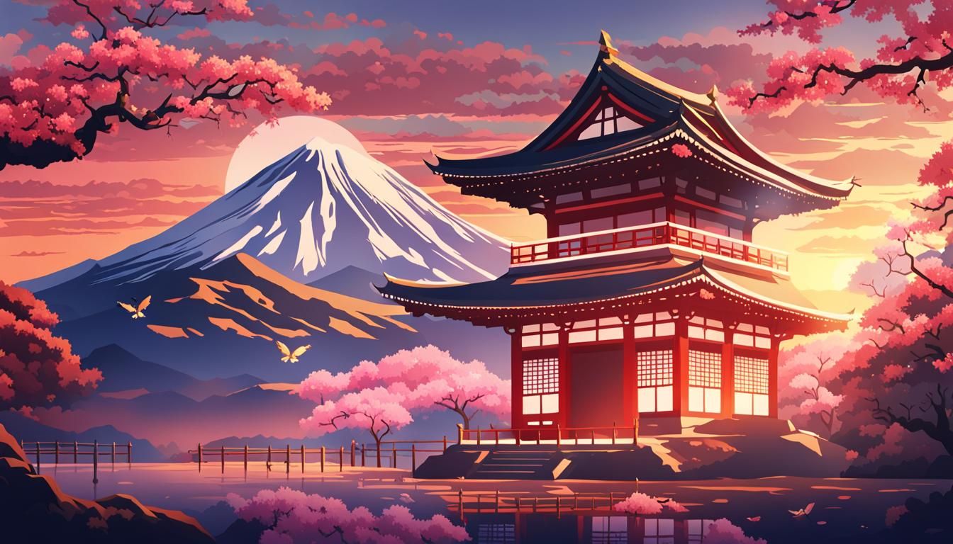Japanese Temple Scene with Cranes in Anime Style