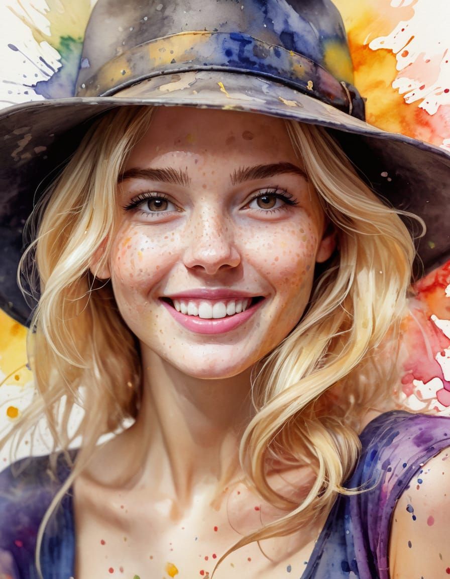 Photorealistic Woman with Hat in Fauvist Watercolor Style