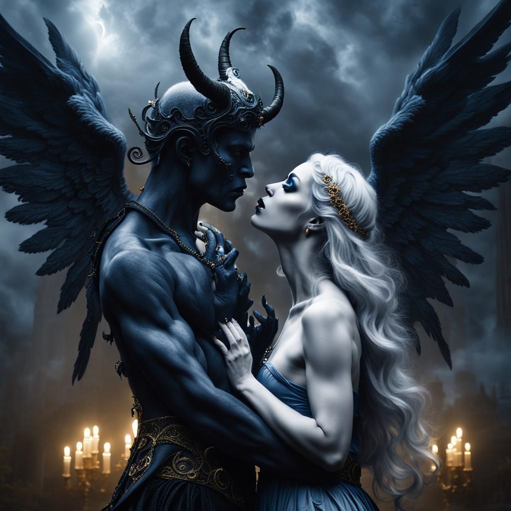 Kissing Angel and Demon in Dark Surrealism