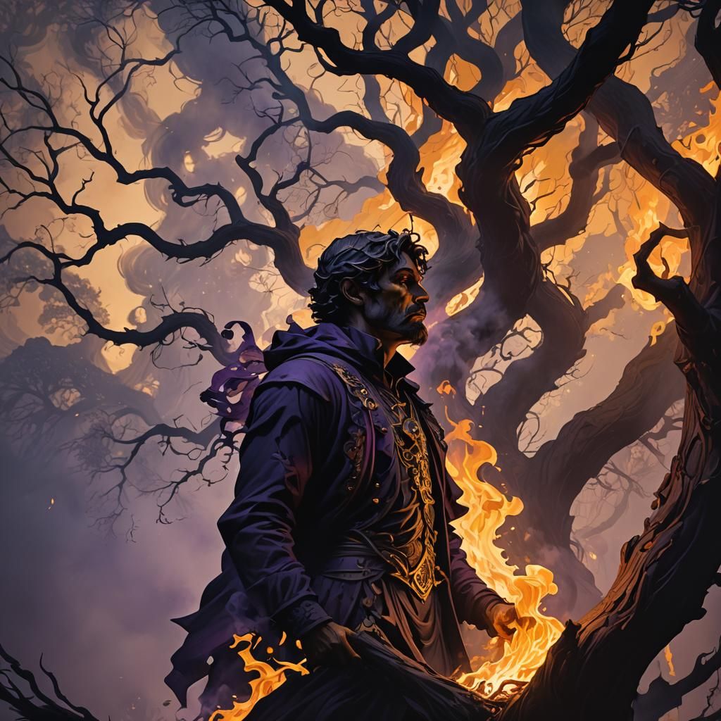 Shadowy Figure Sniffs Burning Tree, Dark Fantasy 3D Render