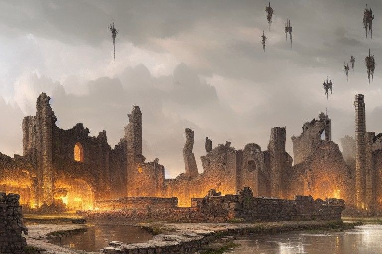 Upside Down Medieval Castle Ruins, Digital Art