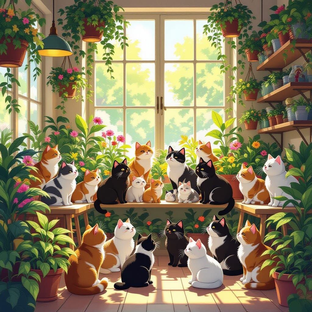 Whimsical Cat Cafe Overflowing with Cats and Plants