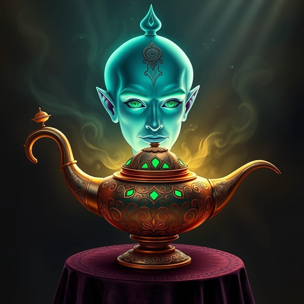 Ethereal Genie Emerges from Copper Aladdin's Lamp
