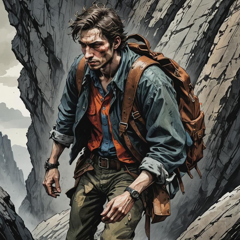 Cliffside Leap: Gothic Ink Illustration in Frank Miller Styl...