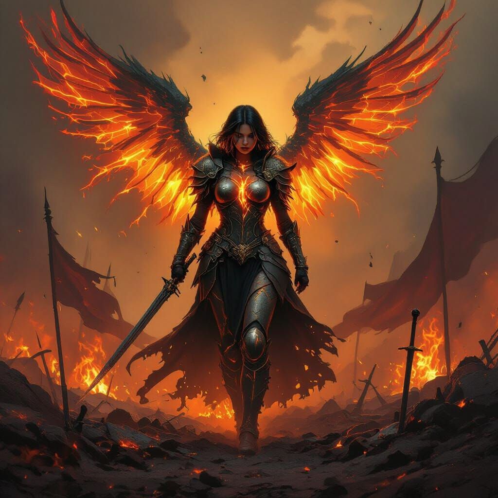 Fiery Woman Rises from Battlefield in Dark Fantasy Style