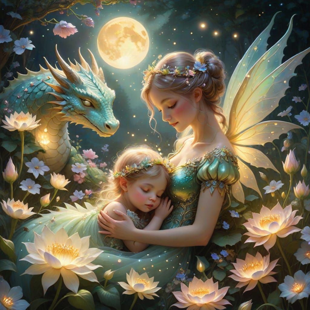 Fairy With Baby Dragon in Moonflower Field